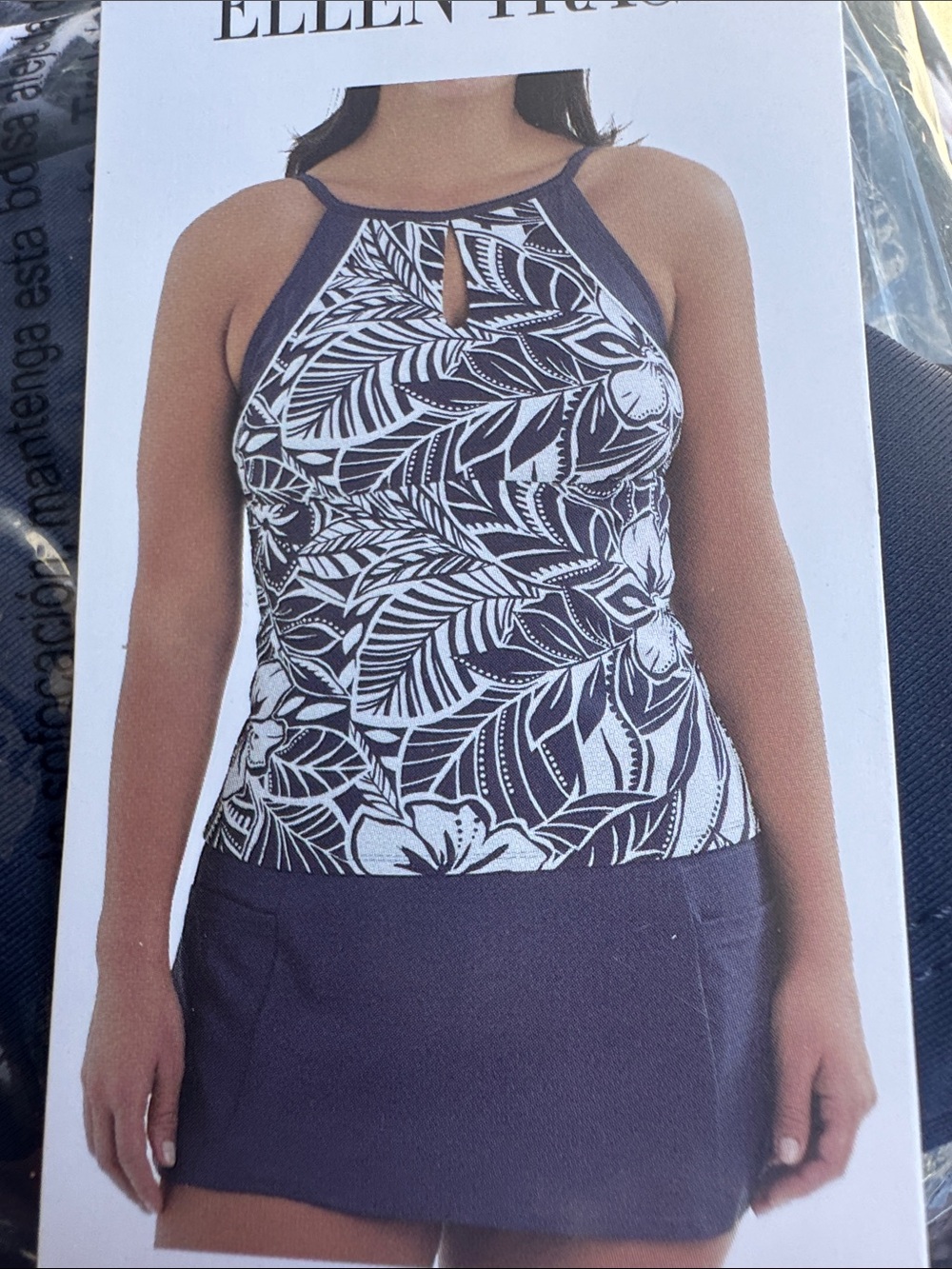 Ellen Tracy Navy and White Floral High-Neck Tankini with Skirt